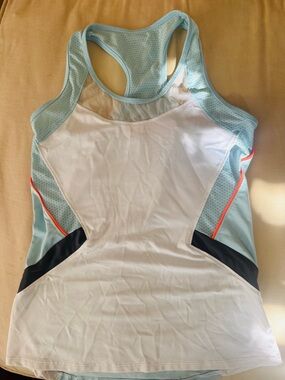 Lucky in Love White & Light Blue Racerback Tank with Coral Trim